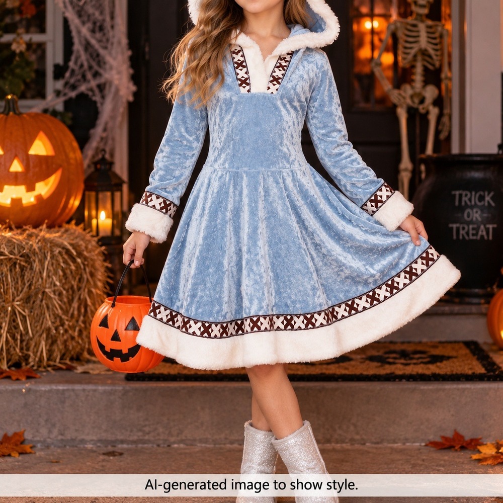 Girls 10/12 Snow Princess Costume Crushed Velvet Faux Fur Hooded Dress Halloween